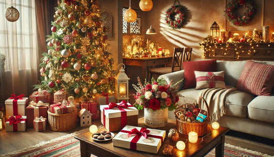 Cozy family living room in Dubai with a decorated Christmas tree, festive gift basket, and red and white rose bouquet, perfect for Christmas gifting.