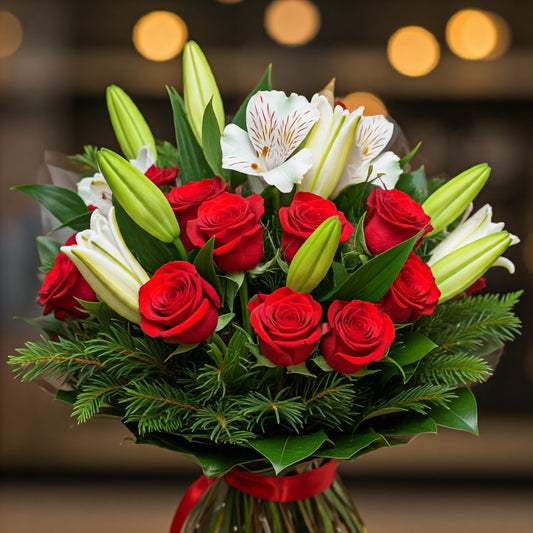 Elegant Christmas flower bouquet with red roses, white lilies, and festive greenery, perfect for holiday gifting in Dubai.