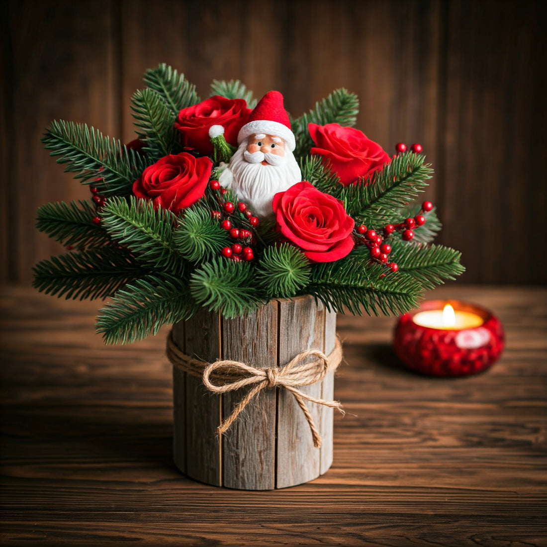 Santa Claus figurine nestled in a vibrant bouquet of red roses, creating a festive and cheerful Christmas gift arrangement in Dubai.