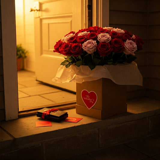 A romantic, high-energy photo of a flower delivery box arriving at the doorstep, with a bouquet of red and pink roses, a chocolate box, and a heart-shaped card. Warm lighting for a cozy, last-minute Valentine's Day vibe. Vibrant and festive atmosphere.