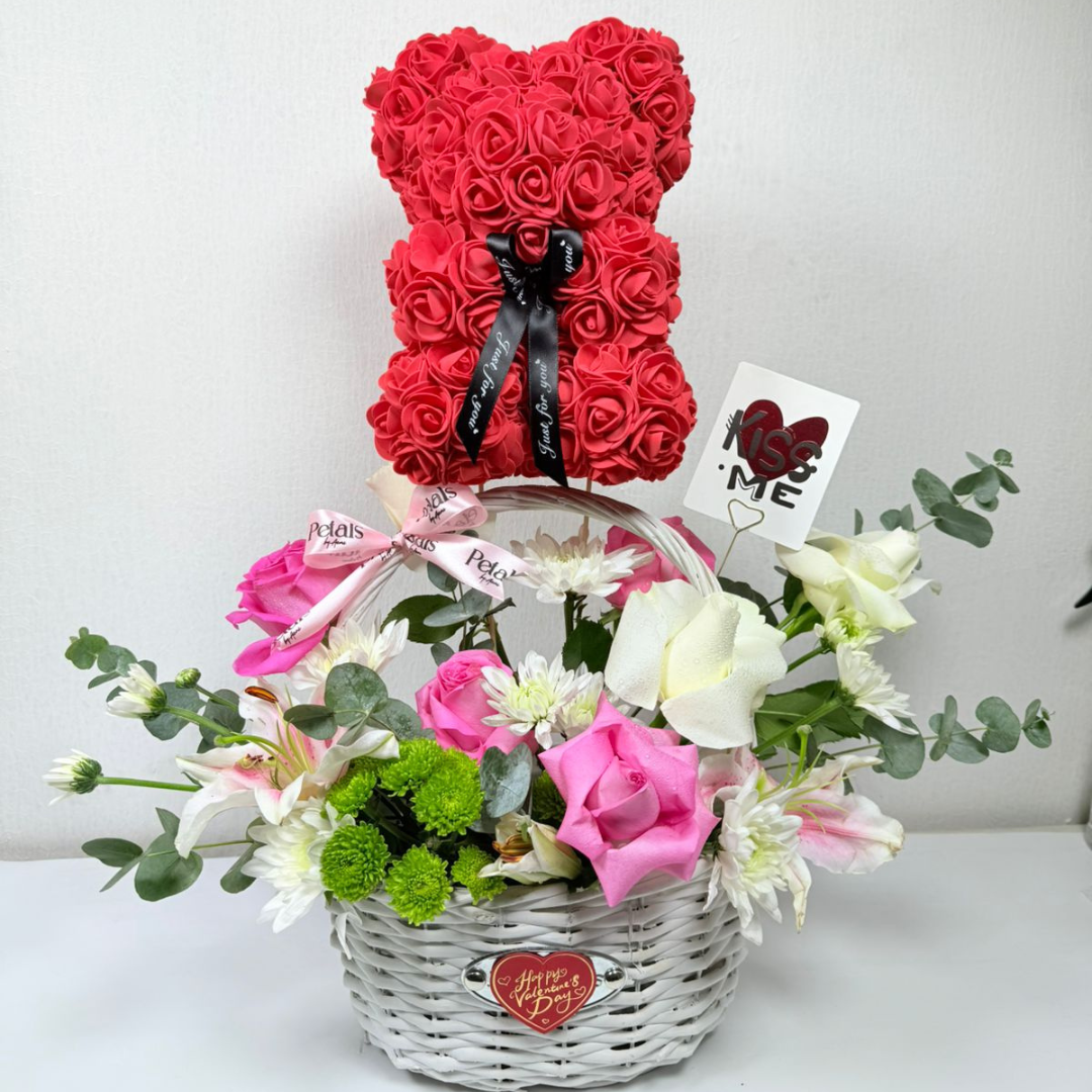 Valentine’s Soft Petal rose bear Basket Hamper